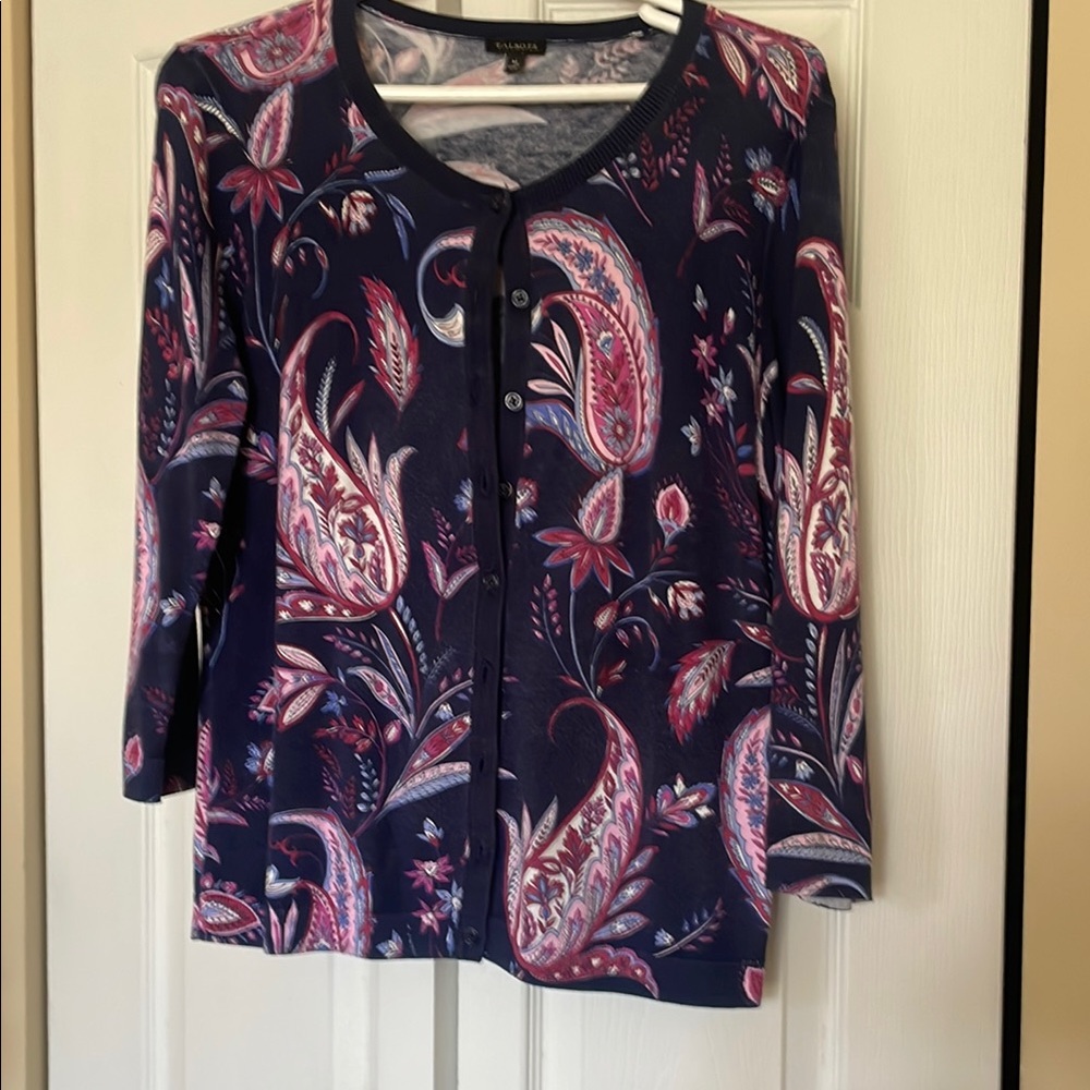 Floral Paisley Cardigan. Size M. 3/4 length sleeves.  Button down front.